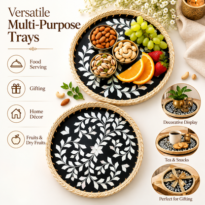 Handcrafted Mother of Pearl Round Black Tray Set of 2 | Woven Natural Rim Decorative Serving Trays for Home Décor, Jewellery Storage, Pooja & Gifting | 10 & 12 Inch