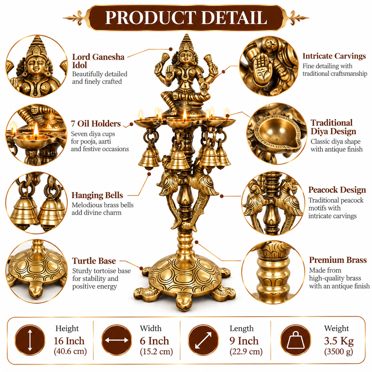 Brass Laxmi Diya Stand with 7 Oil Holders | Antique Finish Pooja Lamp with Hanging Bells, Peacock Design & Tortoise Base for Home Temple, Decor & Gifting | The Indian Aura