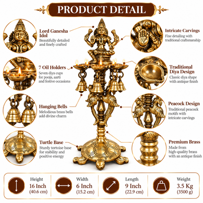 Brass Laxmi Diya Stand with 7 Oil Holders | Antique Finish Pooja Lamp with Hanging Bells, Peacock Design & Tortoise Base for Home Temple, Decor & Gifting | The Indian Aura