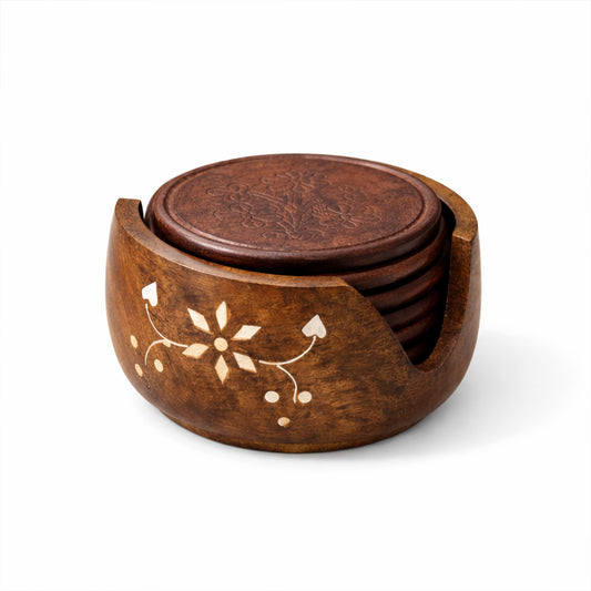 Handcrafted Wooden Coaster Set with Holder (7.8 cm) | Premium Tableware | The Indian Aura