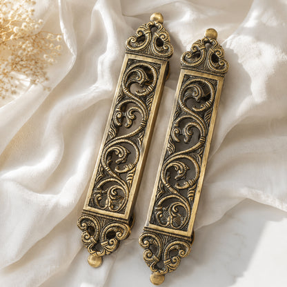 Brass Door Pull Handle for Main Door – Antique Finish Handmade Vintage Victorian Carved Filigree Design, 11 Inch / 28.7 cm Decorative Door Handle for Home,Hotel & Office Set-2