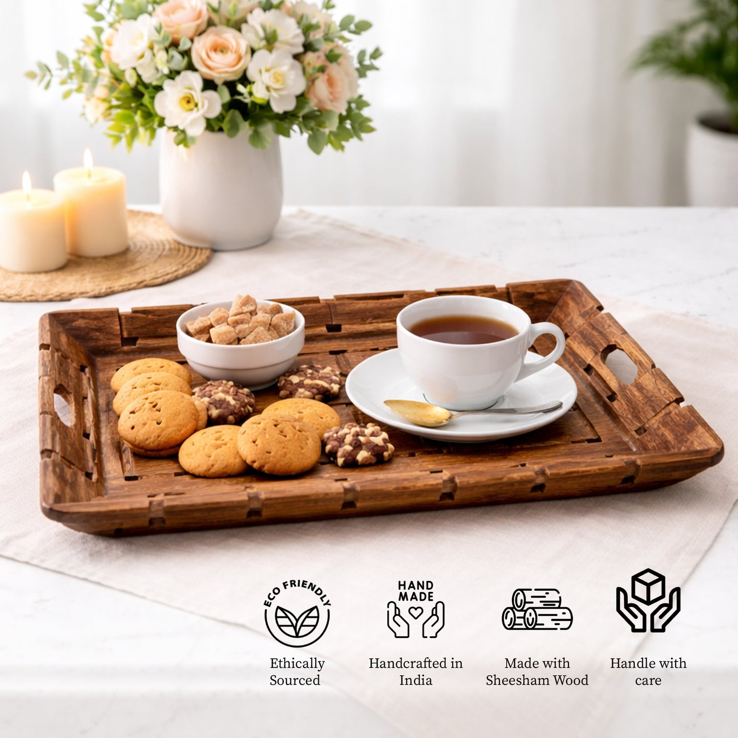 Handcrafted Sheesham Wood Rectangular Serving Tray with Handles – 36 cm Breakfast & Snacks Tray