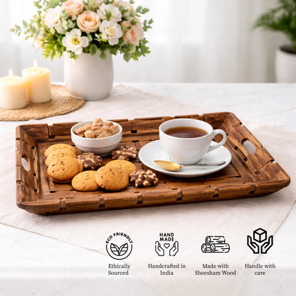 Handcrafted Sheesham Wood Rectangular Serving Tray with Handles – 36 cm Breakfast & Snacks Tray