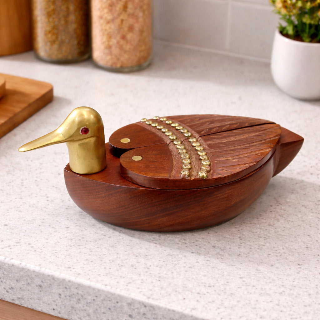Handcrafted Wood Duck Coaster Set with Brass Head – Round Tea & Coffee Coasters