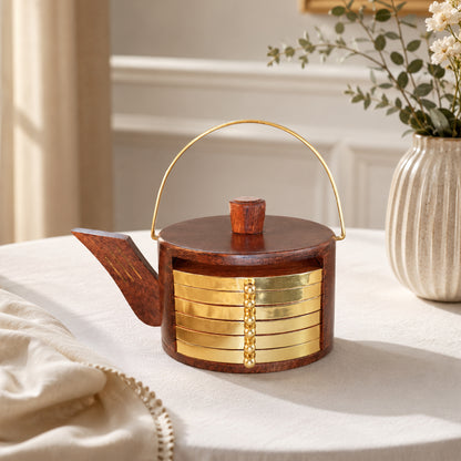 Wooden Tea Coaster Set with Kettle-Shaped Holder – Sheesham Wood & Brass Coasters for Tea Cups, Coffee Mugs & Glasses, Handcrafted Table Decor | Ideal Housewarming & Diwali Gift