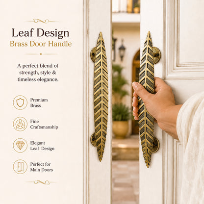 Handcrafted Leaf Design Brass Door Handle for Main Door 12inch  – Antique Finish Set-2