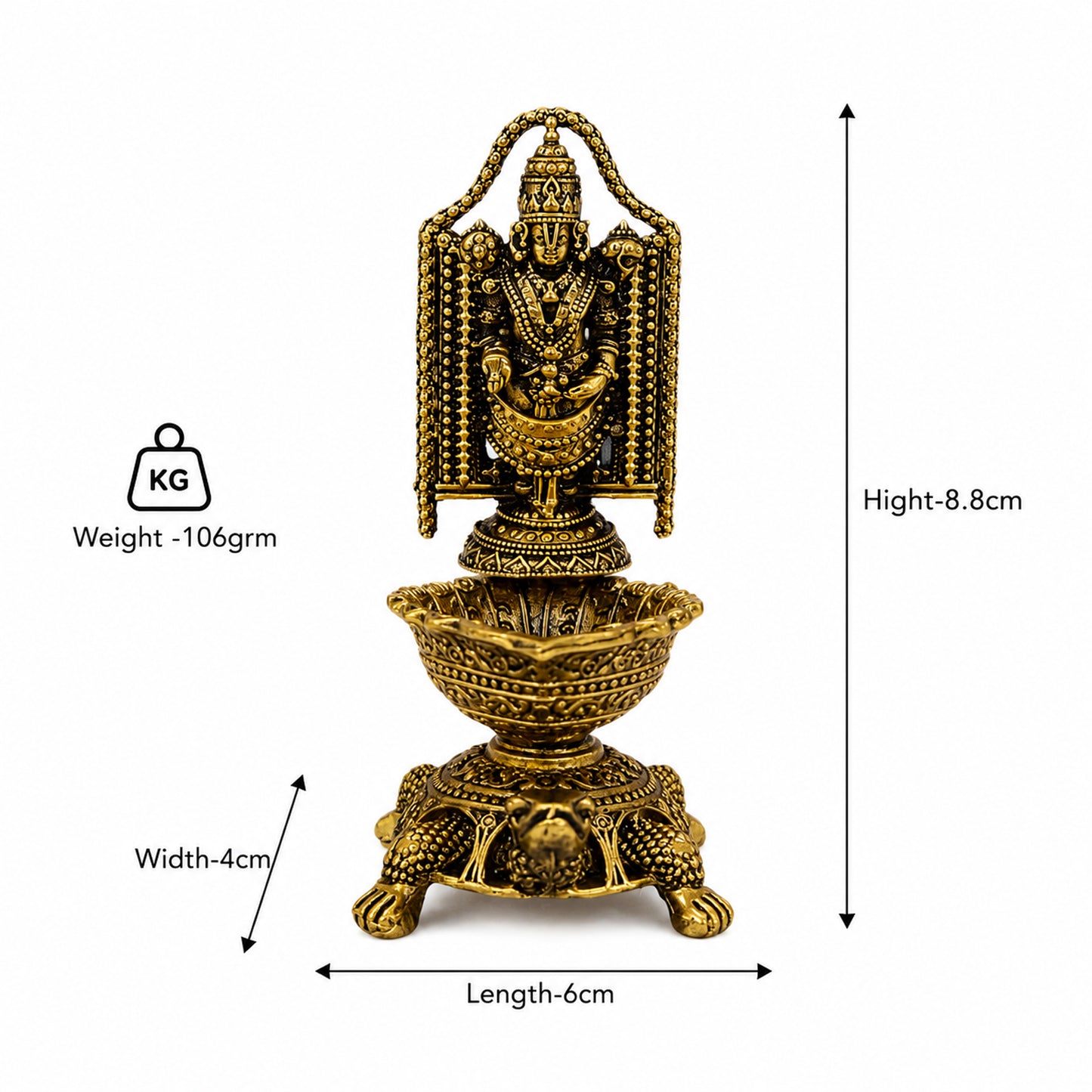 Brass Lord Venkateswara Diya with Turtle Base | Antique Finish, Pure Brass, 8.8cm Height, Pooja & Temple Decor, Deepam Oil Lamp