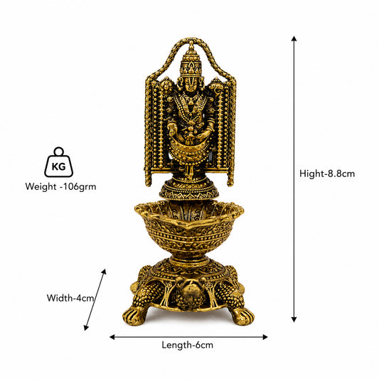 Brass Lord Venkateswara Diya with Turtle Base | Antique Finish, Pure Brass, 8.8cm Height, Pooja & Temple Decor, Deepam Oil Lamp