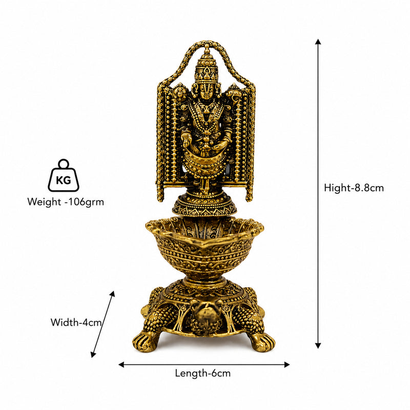 Brass Lord Venkateswara Diya with Turtle Base | Antique Finish, Pure Brass, 8.8cm Height, Pooja & Temple Decor, Deepam Oil Lamp