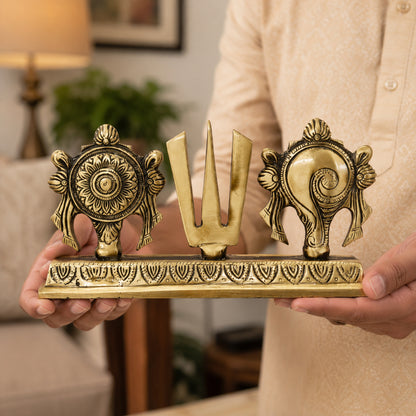 Brass Shankh Chakra Namam Statue with Stand | The Indian Aura