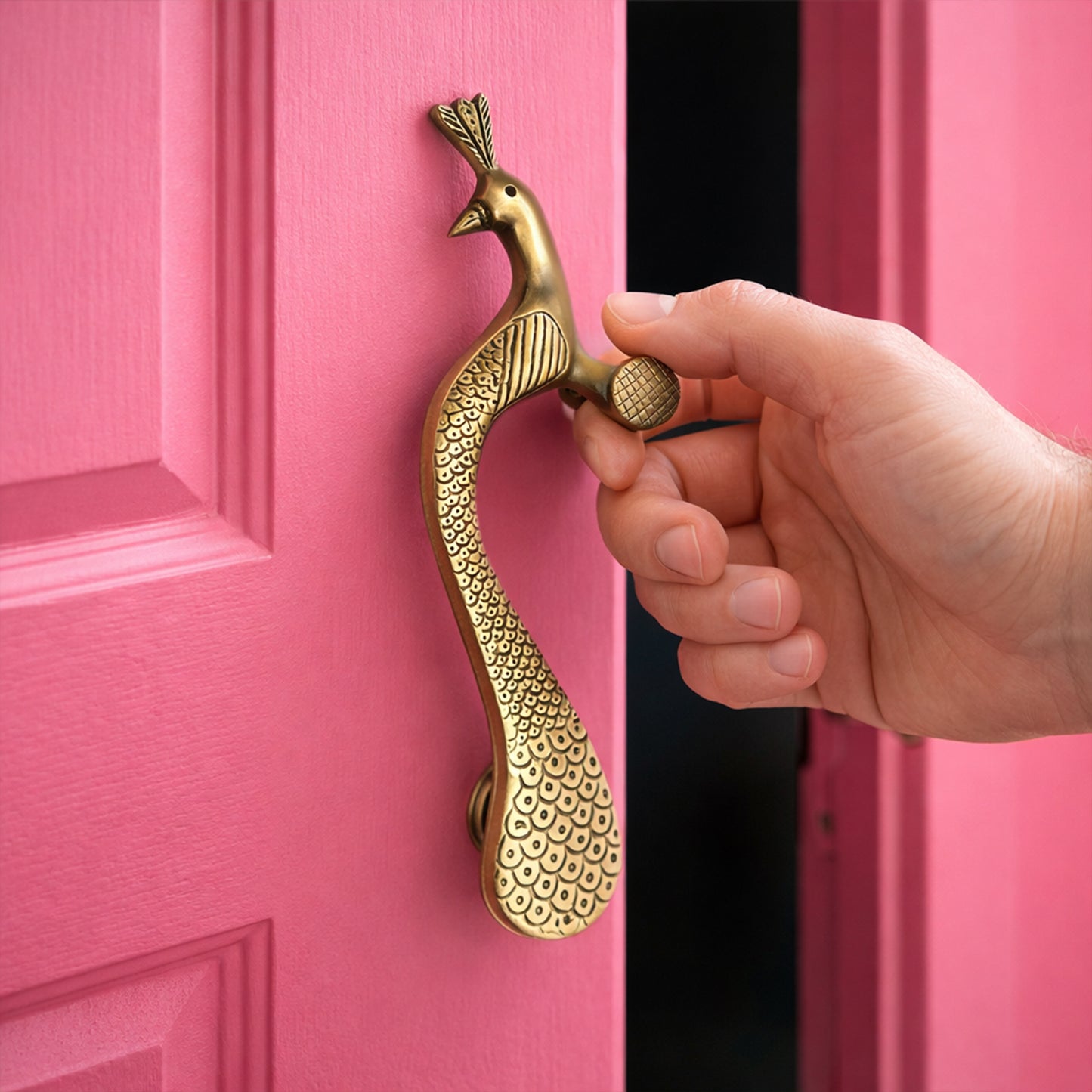 Handcrafted Brass Door Handle – Elegant Peacock Design (Right Turned)