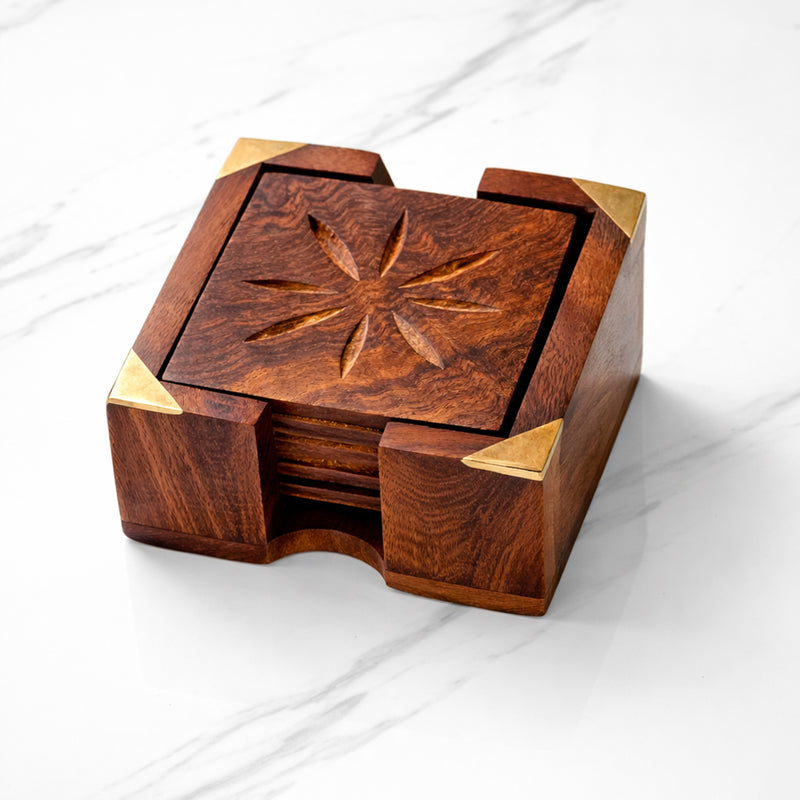 Handcrafted Sheesham Wood Square Coaster Set with Brass Corners & Box Holder – 3 Inch Coasters, Set of 6