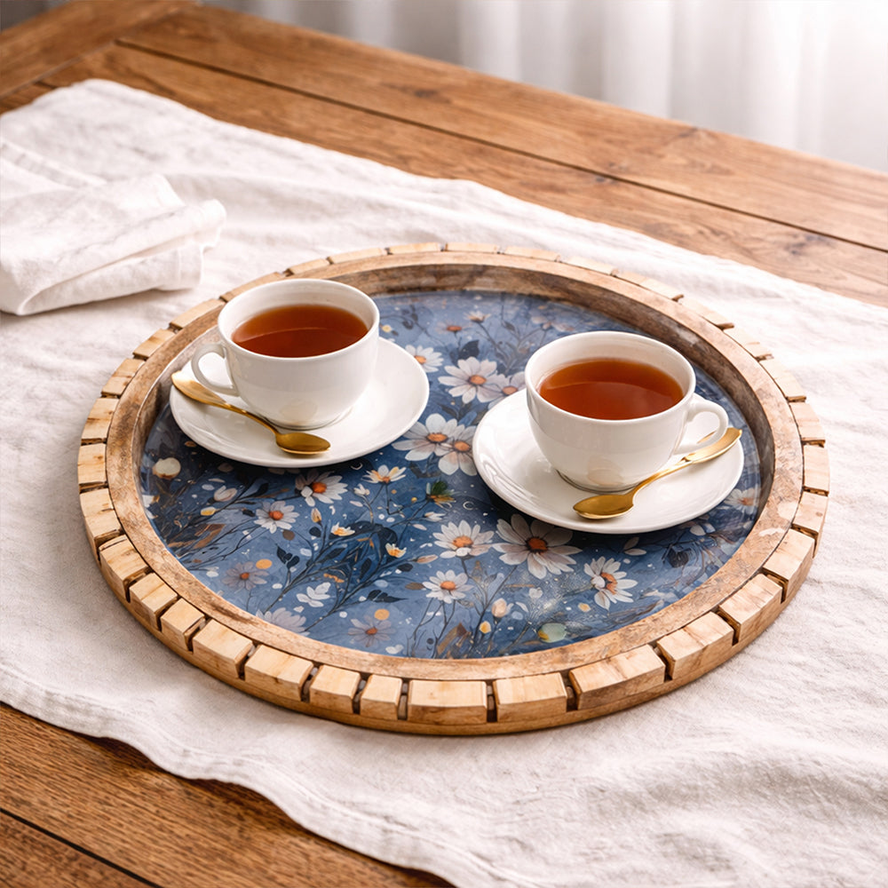 Rustic Round Wooden Floral Serving Tray with Resin Top – 30 cm Decorative Platter for Snacks & Tea