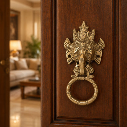 Lord Ganesha Brass Door Knocker for Main Door – Antique Finish Ganpati Vastu Face with Ring, 6.5 Inch Ethnic Indian Elephant Design | Auspicious Entrance Decor & Housewarming Gift