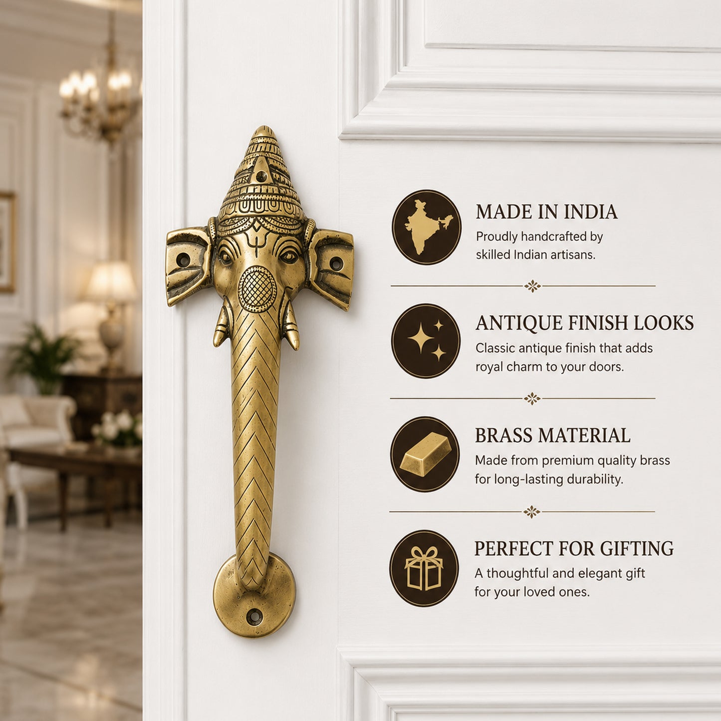 Ganesha Brass Door Handle Pair for Main Door – 10 Inch Antique Finish Elephant Pull Handle, Ethnic Indian Design for Wooden Doors, Temple Doors & Entrance | Auspicious Housewarming Gift,Set-1