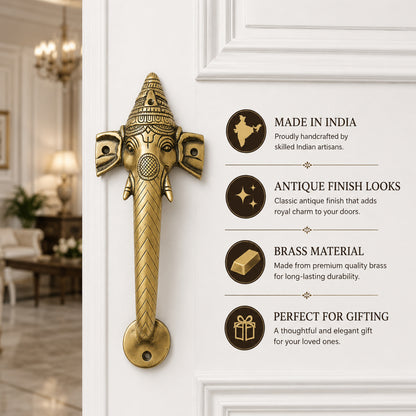 Ganesha Brass Door Handle Pair for Main Door – 10 Inch Antique Finish Elephant Pull Handle, Ethnic Indian Design for Wooden Doors, Temple Doors & Entrance | Auspicious Housewarming Gift,Set-1