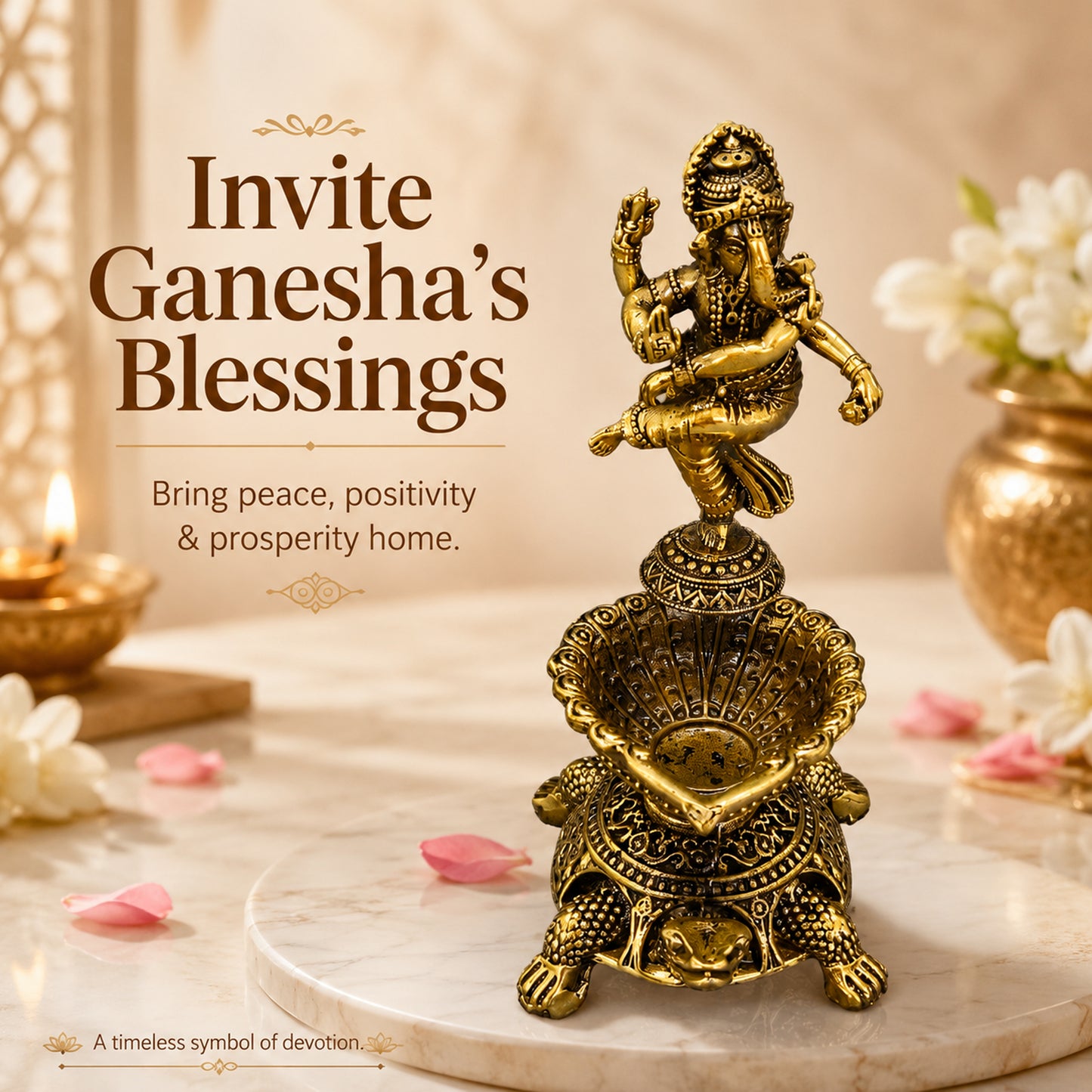 Pure Brass Dancing Ganesha Diya Oil Lamp Holder | Antique Gold Finish, Oil Lamp with Diya, Vastu Showpiece, Puja Room Decor