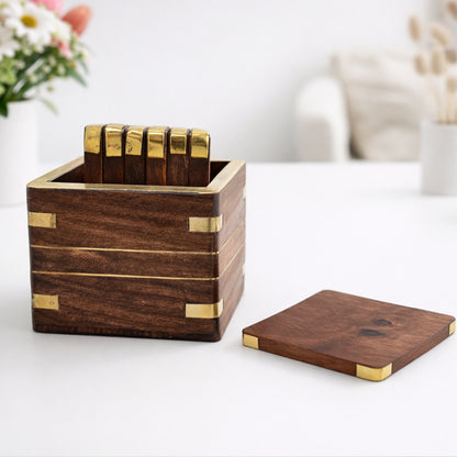 Handcrafted Sheesham Wood Box Coaster Set with Brass Corners – 3 Inch Square Coasters, Set of 6