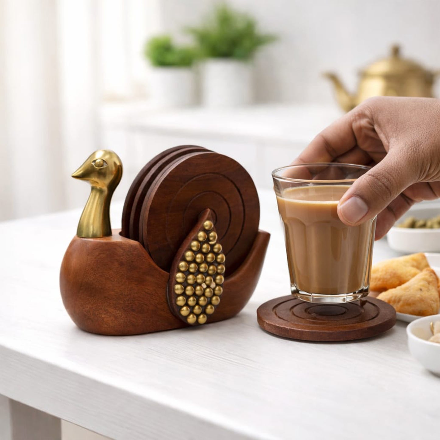 Handcrafted Wooden Round Coasters with Duck Shape Holder - Set of 6