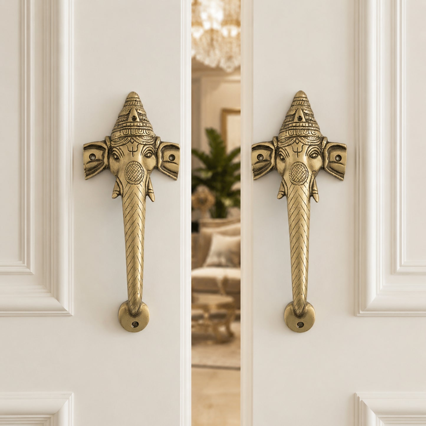 Ganesha Brass Door Handle Pair for Main Door – 10 Inch Antique Finish Elephant Pull Handle, Ethnic Indian Design for Wooden Doors, Temple Doors & Entrance | Auspicious Housewarming Gift,Set-2