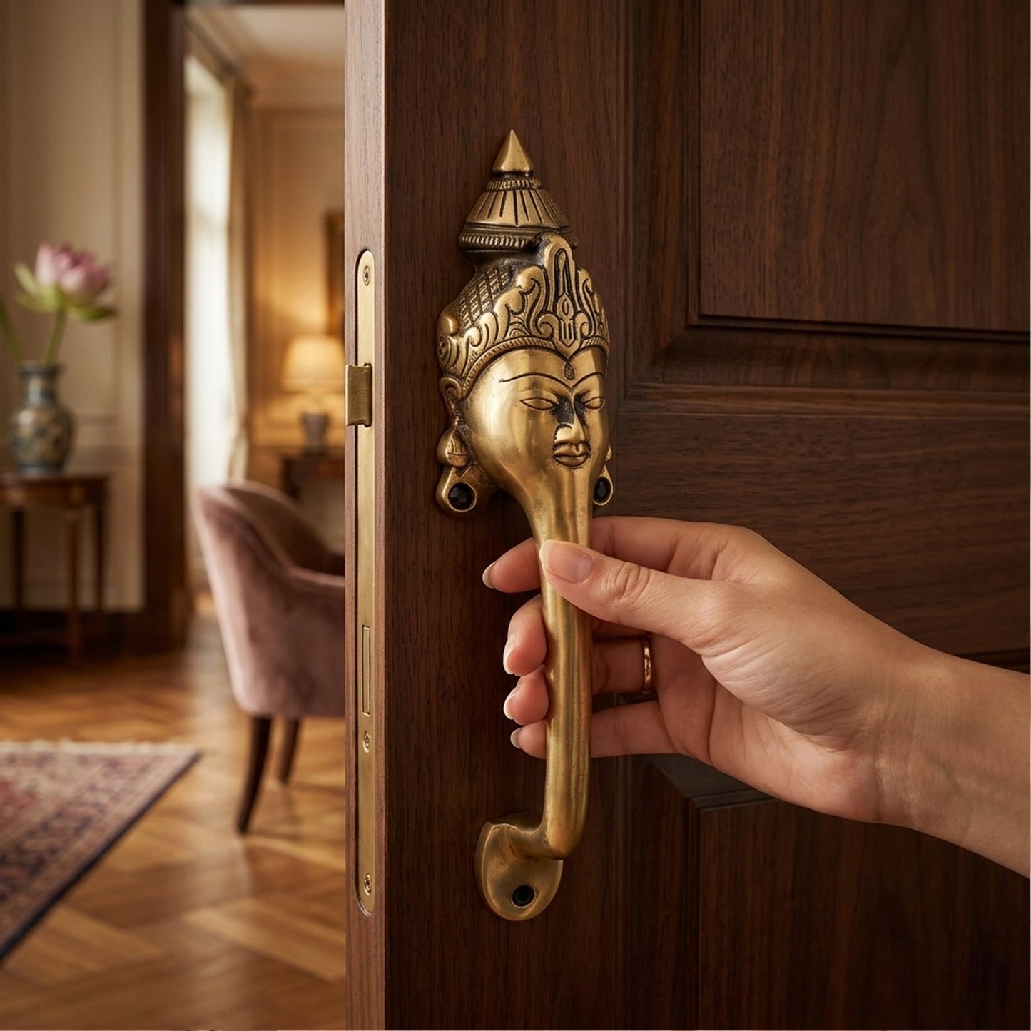 Goddess Face Brass Door Handle – Traditional Indian Design
