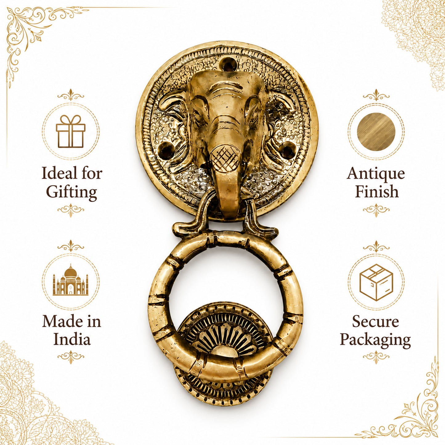 Handcrafted Elephant Head Brass Door Knocker – Antique Finish