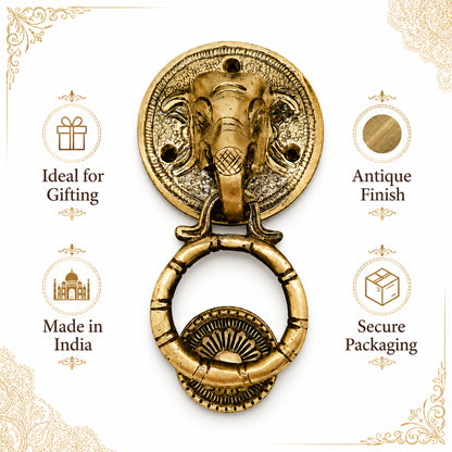 Handcrafted Elephant Head Brass Door Knocker – Antique Finish