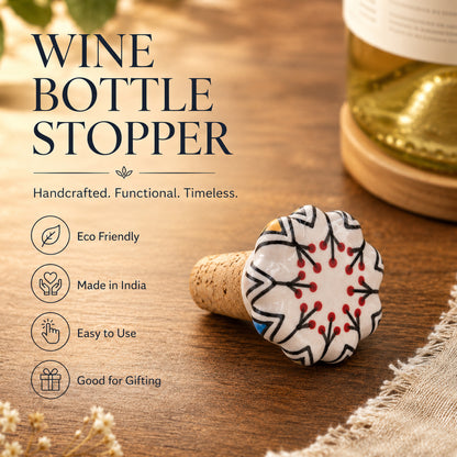 Ceramic Wine Bottle Stopper with Cork – Handcrafted Hand-Painted Red Berry Floral Wine Stopper, Airtight Bottle Sealer for Wine & Bar | Decorative Wine Saver, Ideal Gift for Wine Lovers, Made in India