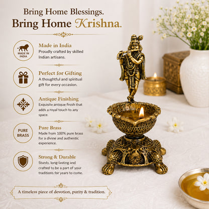 Brass Lord Venkateswara Diya with Turtle Base | Antique Finish, Pure Brass, 8.8cm Height, Pooja & Temple Decor, Deepam Oil Lamp (Copy)
