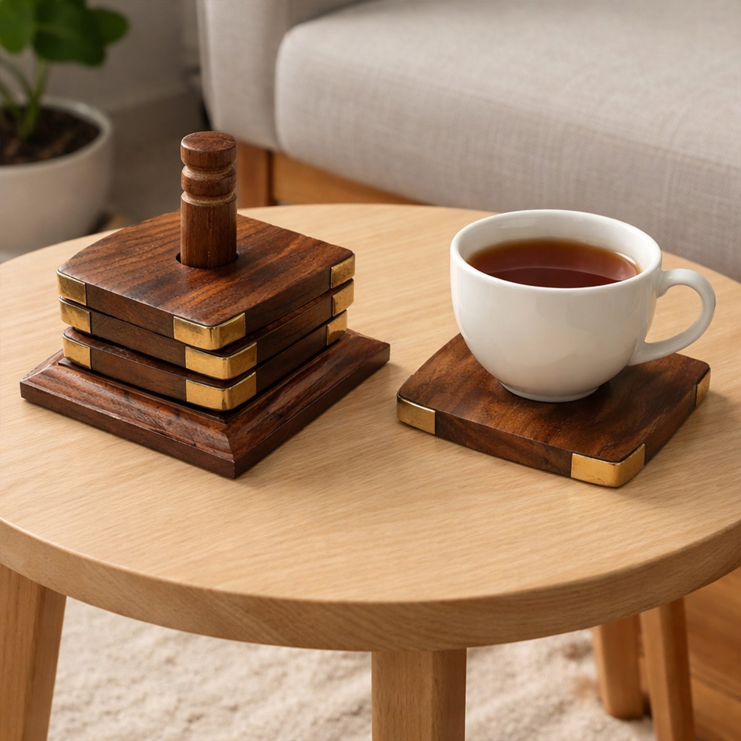 Handcrafted Sheesham Wood Square Coaster Set with Brass Corners – Set of 6 with Stand