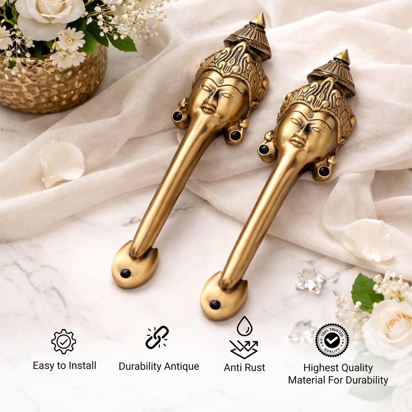 Goddess Face Brass Door Handle – Traditional Indian Design Set of 2
