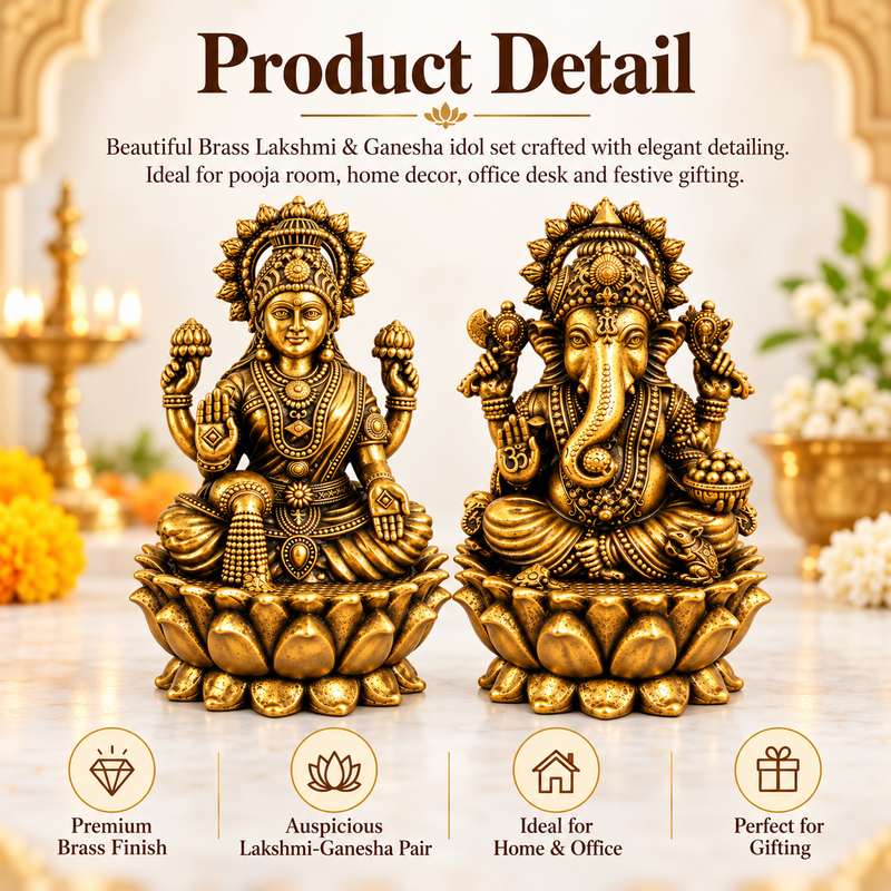 Antique Brass Laxmi Ganesh Idol Set for Home Temple, Pooja Room & Mandir | Handcrafted Laxmi Ganesh Statues for Home Décor & Office Desk | Diwali, Housewarming & Spiritual Gift | The Indian Aura