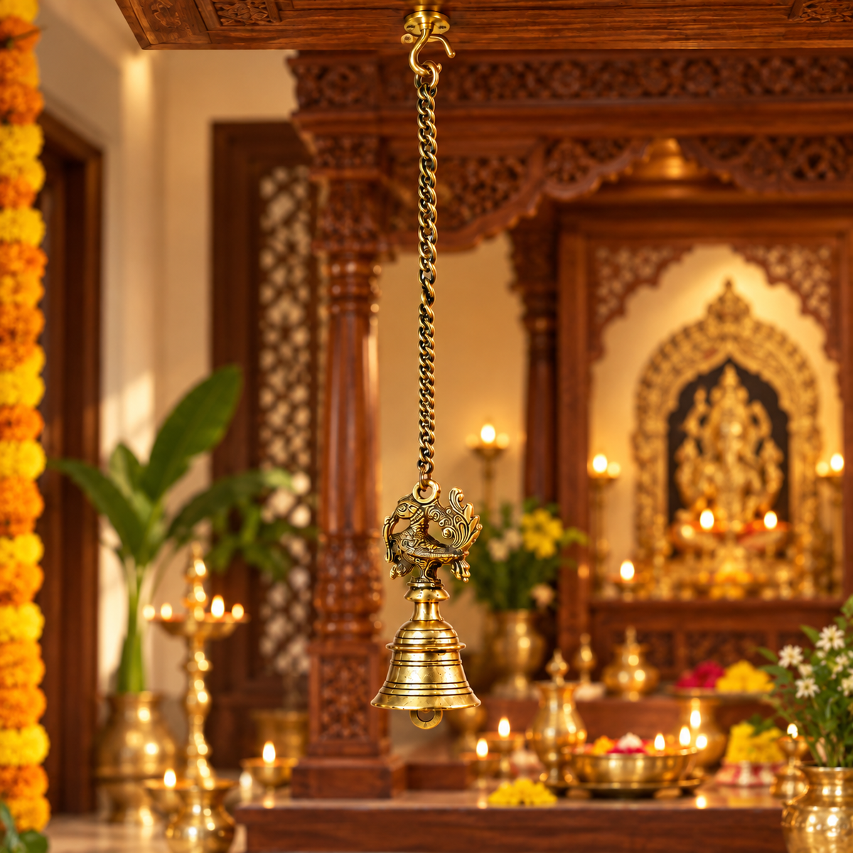 The Indian Aura Antique Gold Pure Brass Wall Hanging Bell | Traditional Decorative Bell for Home, Temple, Pooja Room & Entrance Décor