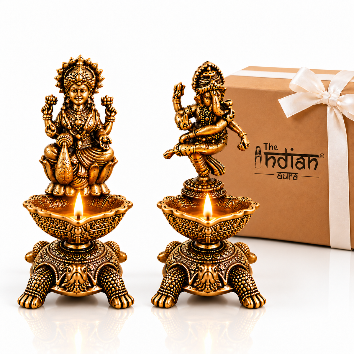 The Indian Aura Pure Brass Laxmi Ganesha Pair Diya Oil Lamp Holder For Gifting | Premium Religious Gift for Housewarming, Wedding, Diwali, Dhanteras & Anniversary | Antique Gold Finish, Traditional Pooja Room & Home Temple Decor