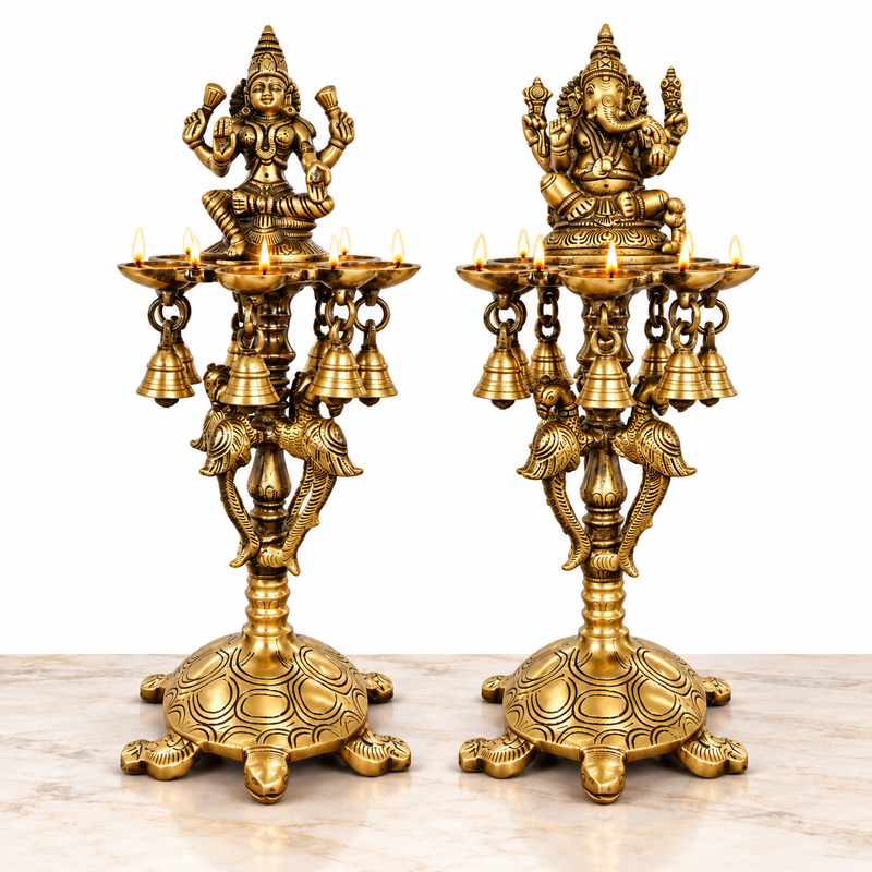 Pure Brass Laxmi Ganesha Pair Diya Stand with 7 Oil Holders – Antique Finish | The Indian Aura
