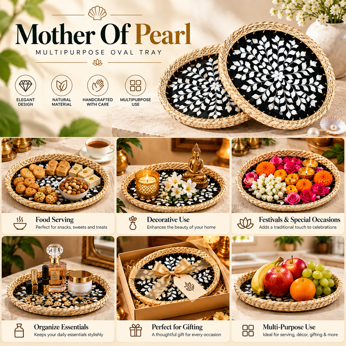Handcrafted Mother of Pearl Oval Black Tray Set of 2 with Natural Jute Border – Decorative, Serving & Gifting Trays