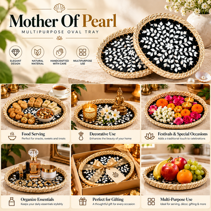 Handcrafted Mother of Pearl Oval Black Tray Set of 2 with Natural Jute Border – Decorative, Serving & Gifting Trays