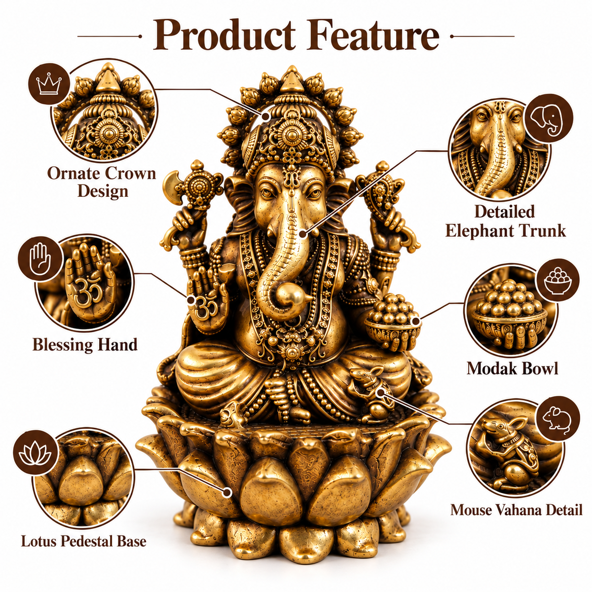 Antique Brass Lord Ganesh Idol for Home Temple & Pooja Room | Handcrafted Lord Ganesha Statue for Mandir, Home Décor & Office Desk | Housewarming, Diwali & Spiritual Gift | The Indian Aura
