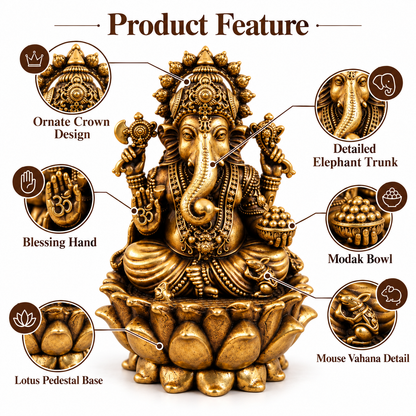 Antique Brass Lord Ganesh Idol for Home Temple & Pooja Room | Handcrafted Lord Ganesha Statue for Mandir, Home Décor & Office Desk | Housewarming, Diwali & Spiritual Gift | The Indian Aura