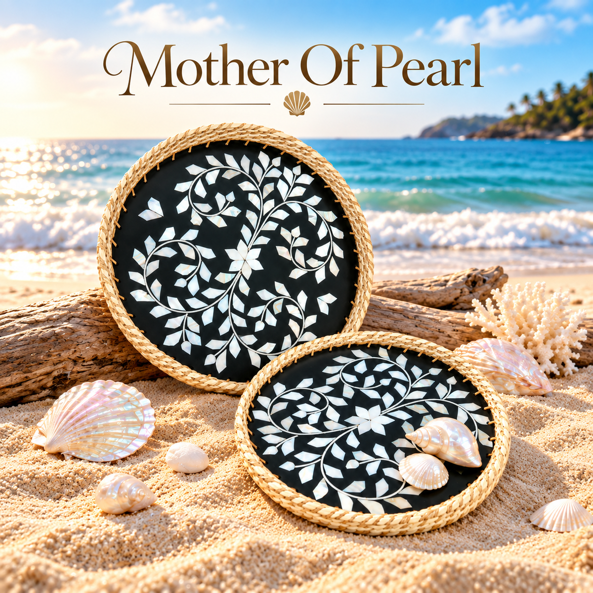 Handcrafted Mother of Pearl Round Black Tray Set of 2 | Woven Natural Rim Decorative Serving Trays for Home Décor, Jewellery Storage, Pooja & Gifting | 10 & 12 Inch