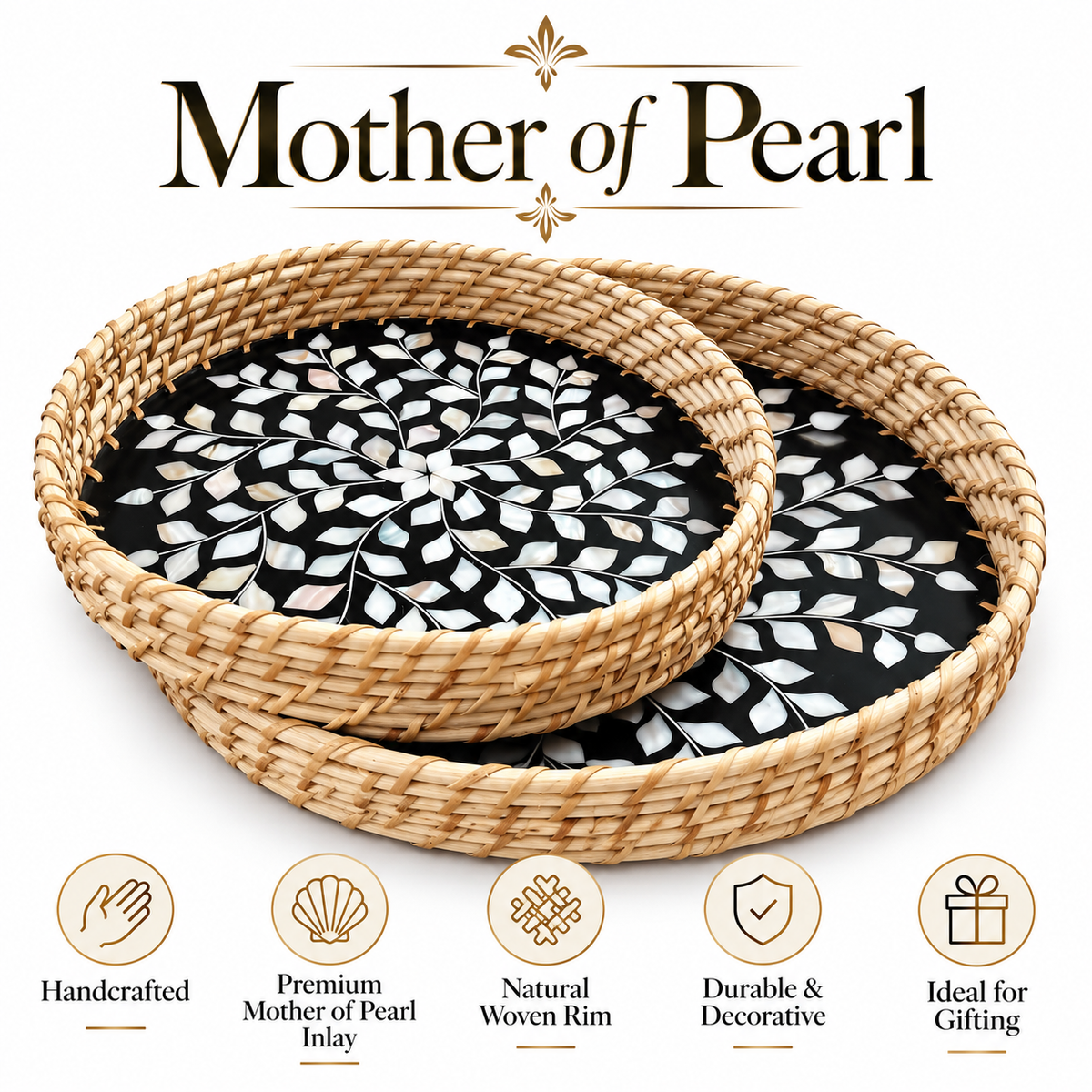 Handcrafted Mother of Pearl Round Black Tray Set of 2 | Woven Natural Rim Decorative Serving Trays for Home Décor, Jewellery Storage, Pooja & Gifting | 10.7 & 12.5 Inch