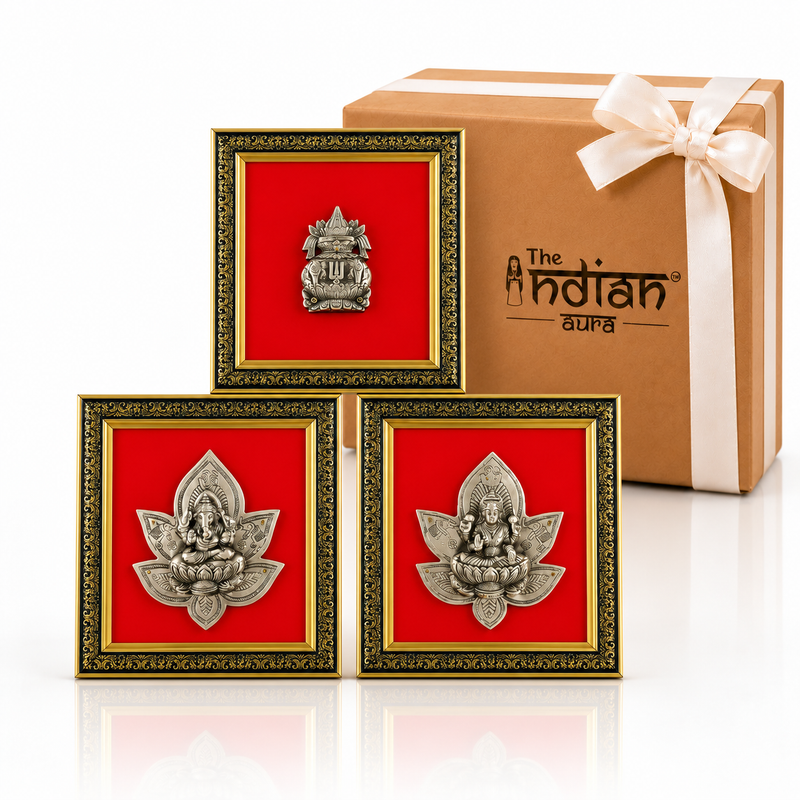Pure Brass Ganesha Lakshmi Kalash Decorative Wall Frame Set of 3 – Antique Finish For Gifting | Auspicious Gift for Housewarming, Diwali, Wedding & Festive Occasions | The Indian Aura