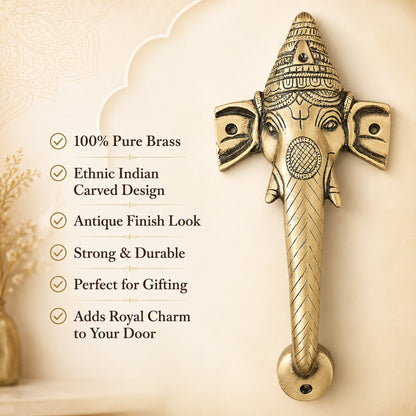 Ganesha Brass Door Handle Pair for Main Door – 10 Inch Antique Finish Elephant Pull Handle, Ethnic Indian Design for Wooden Doors, Temple Doors & Entrance | Auspicious Housewarming Gift,Set-2