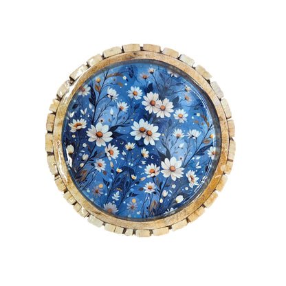 Rustic Round Wooden Floral Serving Tray with Resin Top – 30 cm Decorative Platter for Snacks & Tea
