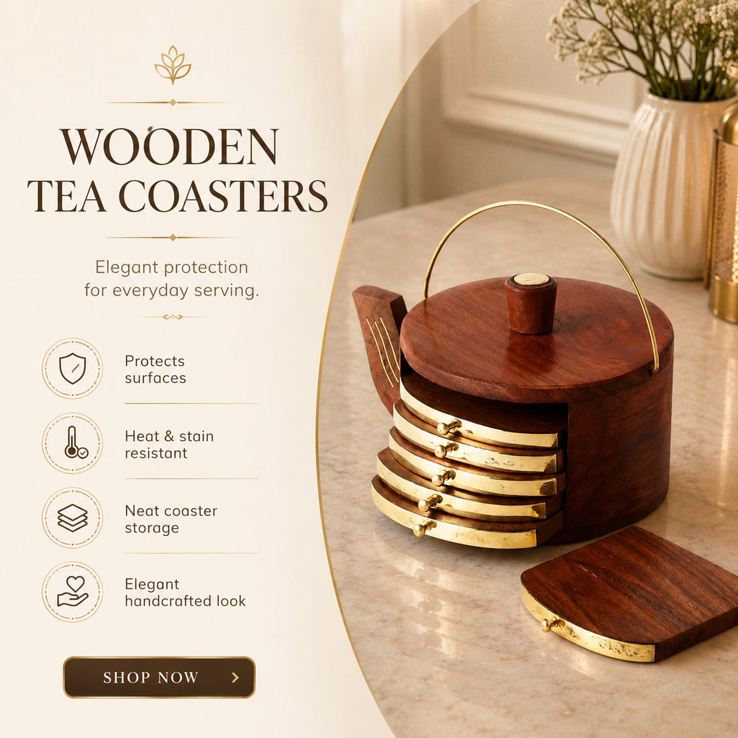 Wooden Tea Coaster Set with Kettle-Shaped Holder – Sheesham Wood & Brass Coasters for Tea Cups, Coffee Mugs & Glasses, Handcrafted Table Decor | Ideal Housewarming & Diwali Gift