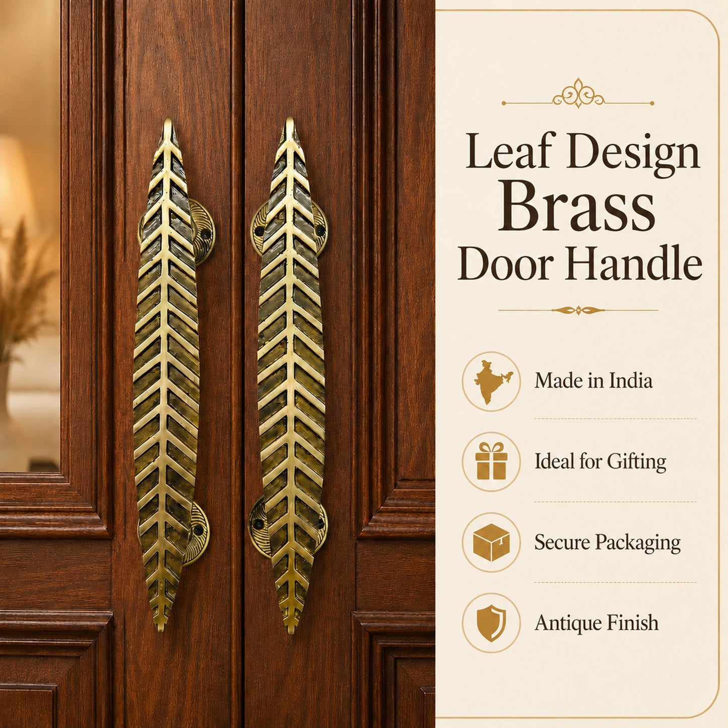 Handcrafted Leaf Design Brass Door Handle for Main Door 12inch  – Antique Finish Set-2