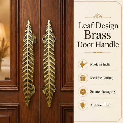 Handcrafted Leaf Design Brass Door Handle for Main Door 12inch  – Antique Finish Set-2
