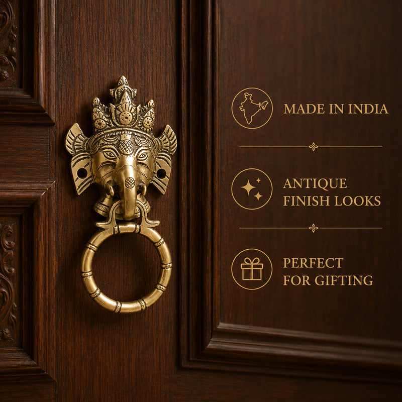 Lord Ganesha Brass Door Knocker for Main Door – Antique Finish Ganpati Vastu Face with Ring, 6.5 Inch Ethnic Indian Elephant Design | Auspicious Entrance Decor & Housewarming Gift