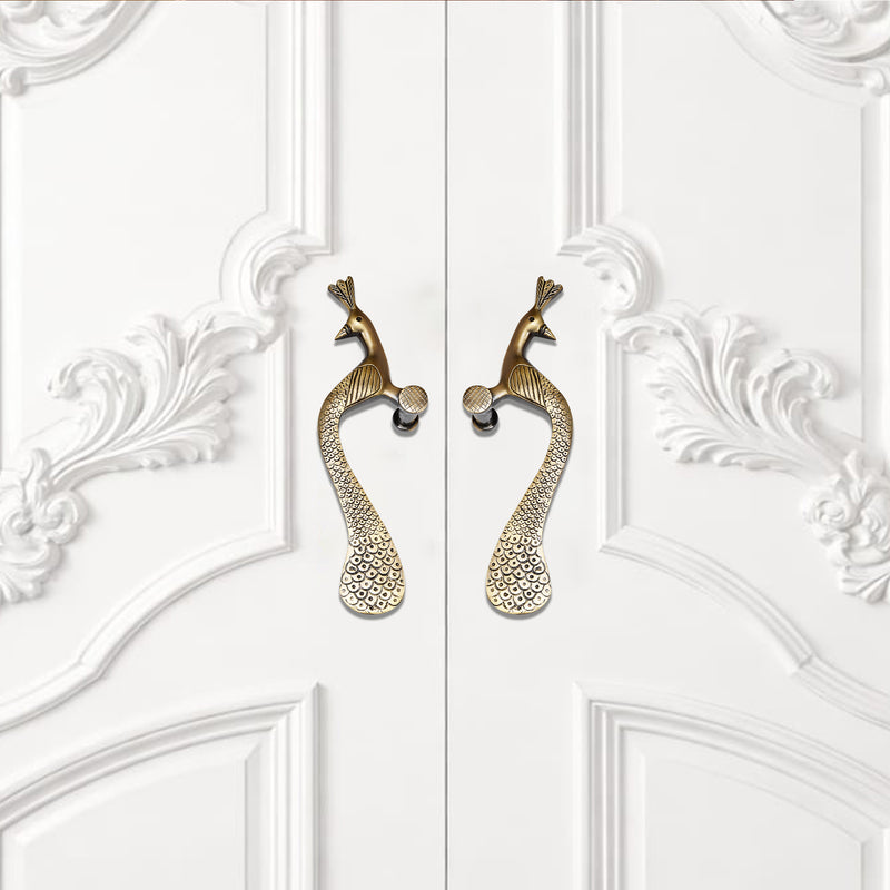 Handcrafted Brass Door Handle – Elegant Peacock Design (Left Turned)