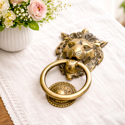 Lion Guardian Brass Door Knocker with Ring Handle for Main Door | The Indian Aura